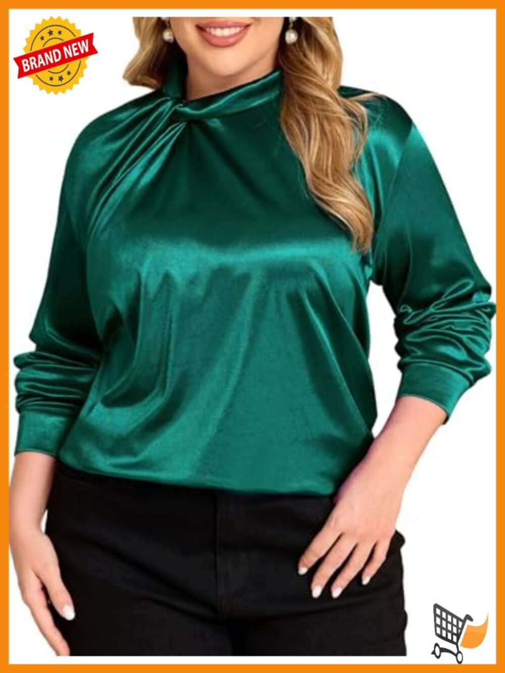 Plus Size Satin Blouse Long Sleeve Mock Neck Twist Knot Tops Stretchy Loose